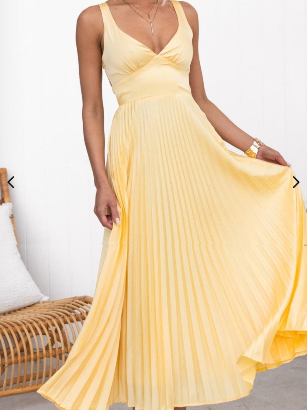 Sunlit Pleated V-Neck Maxi Dress in Pale Yellow